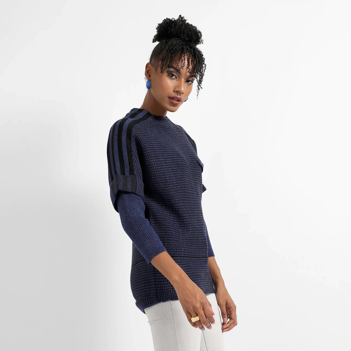 Navy Blue Micro Checkered Sweater With Striped Sleeve