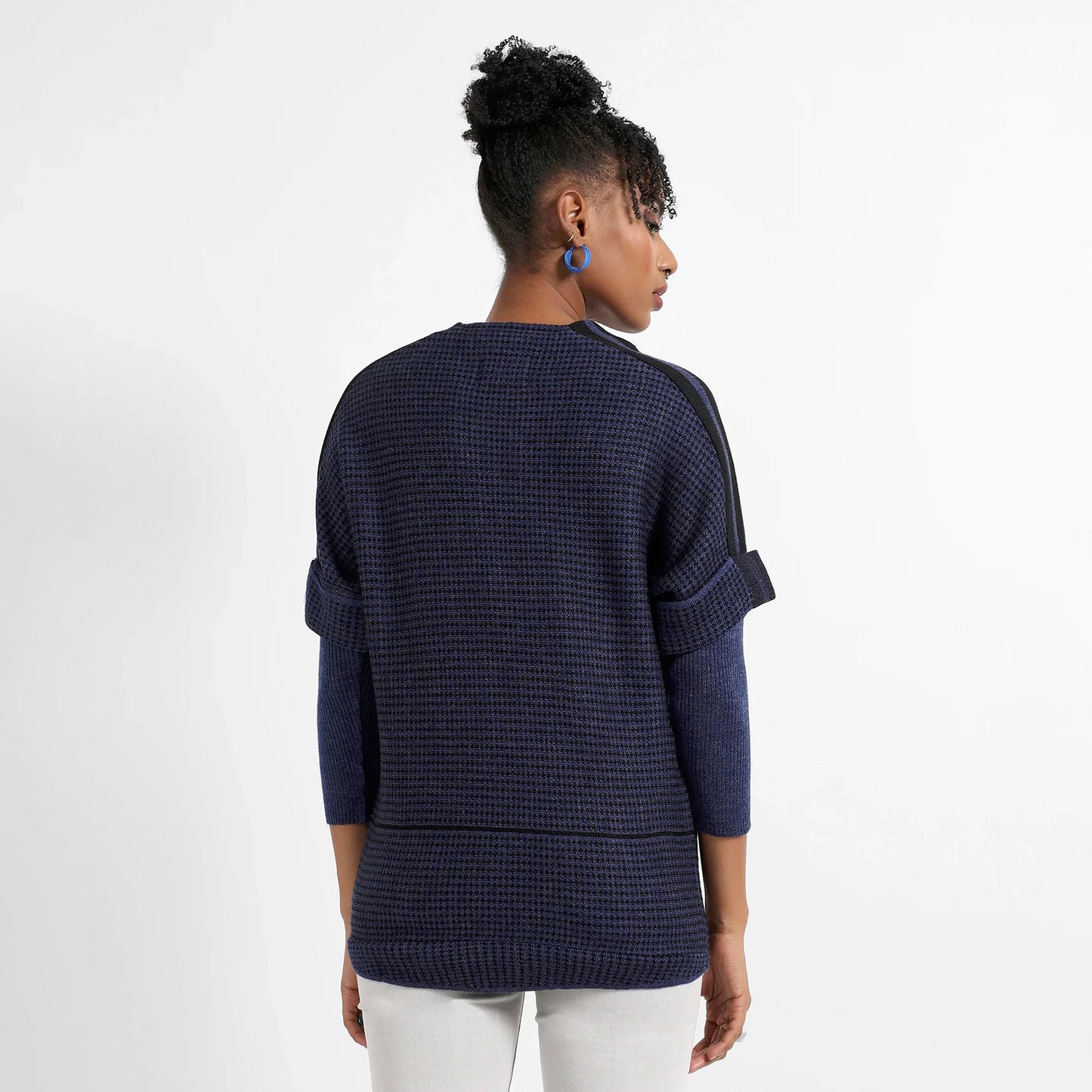 Navy Blue Micro Checkered Sweater With Striped Sleeve