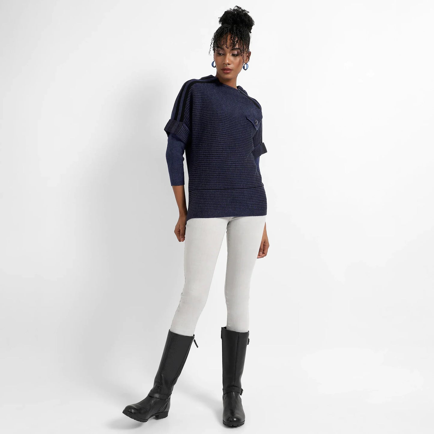 Navy Blue Micro Checkered Sweater With Striped Sleeve