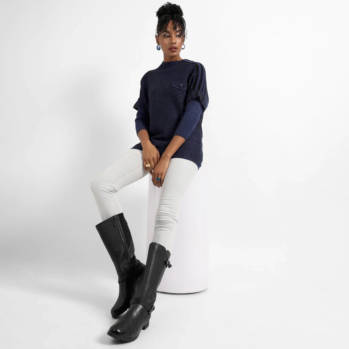 Navy Blue Micro Checkered Sweater With Striped Sleeve