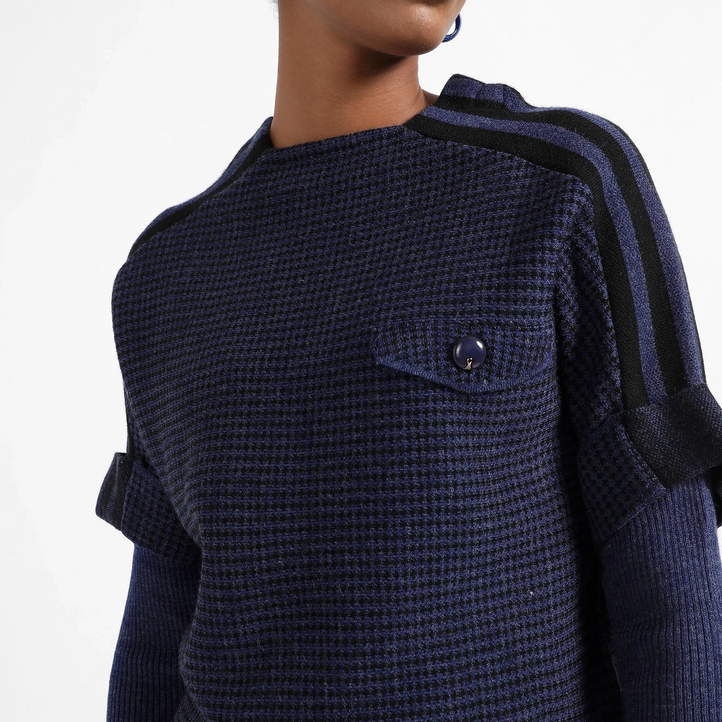 Navy Blue Micro Checkered Sweater With Striped Sleeve