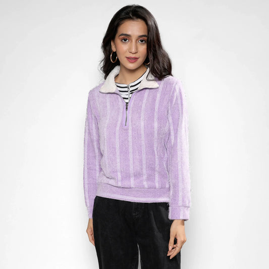 Lilac Textured Self-Design Striped Sweatshirt