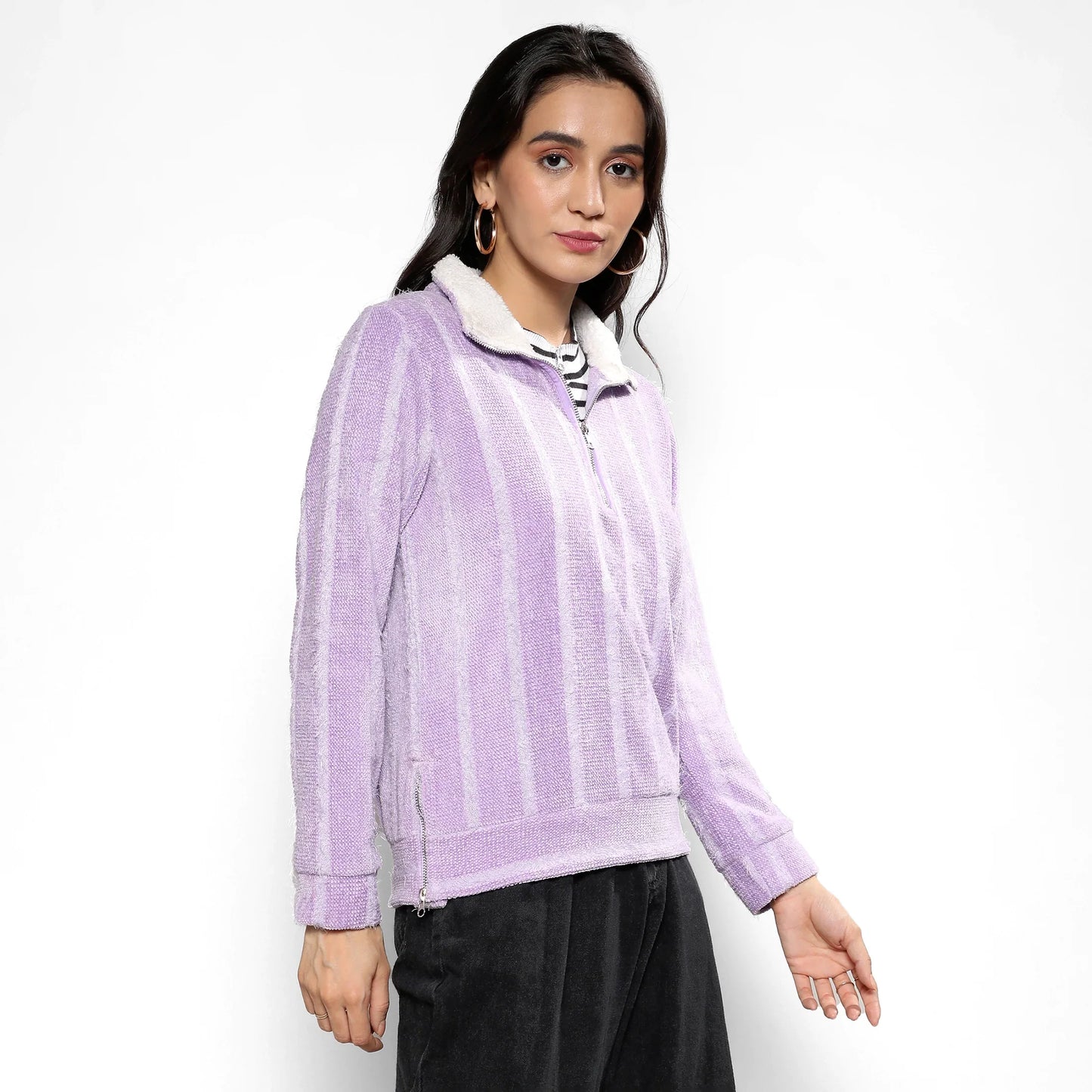 Lilac Textured Self-Design Striped Sweatshirt