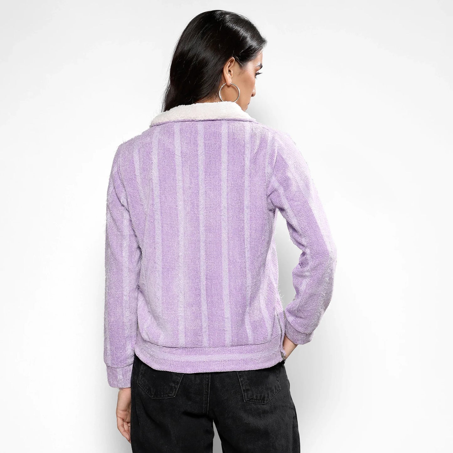 Lilac Textured Self-Design Striped Sweatshirt