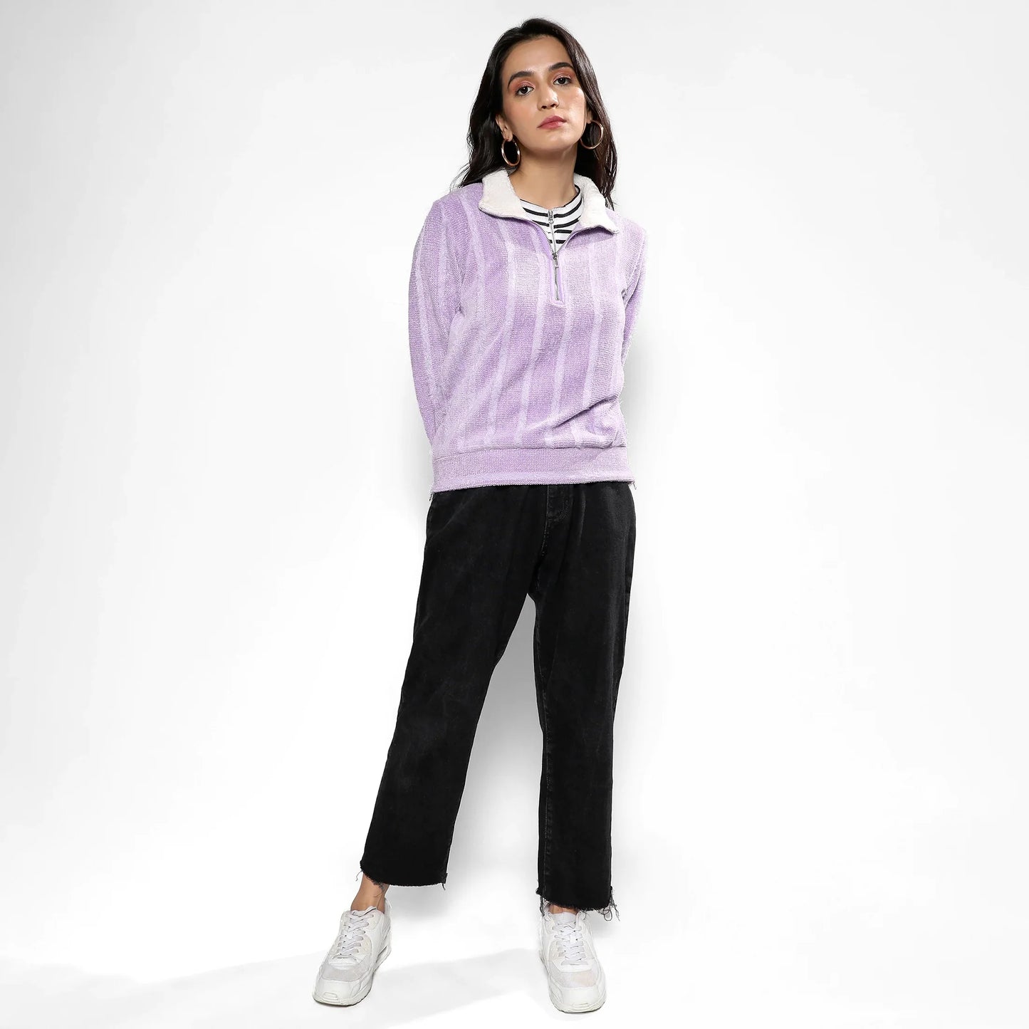 Lilac Textured Self-Design Striped Sweatshirt