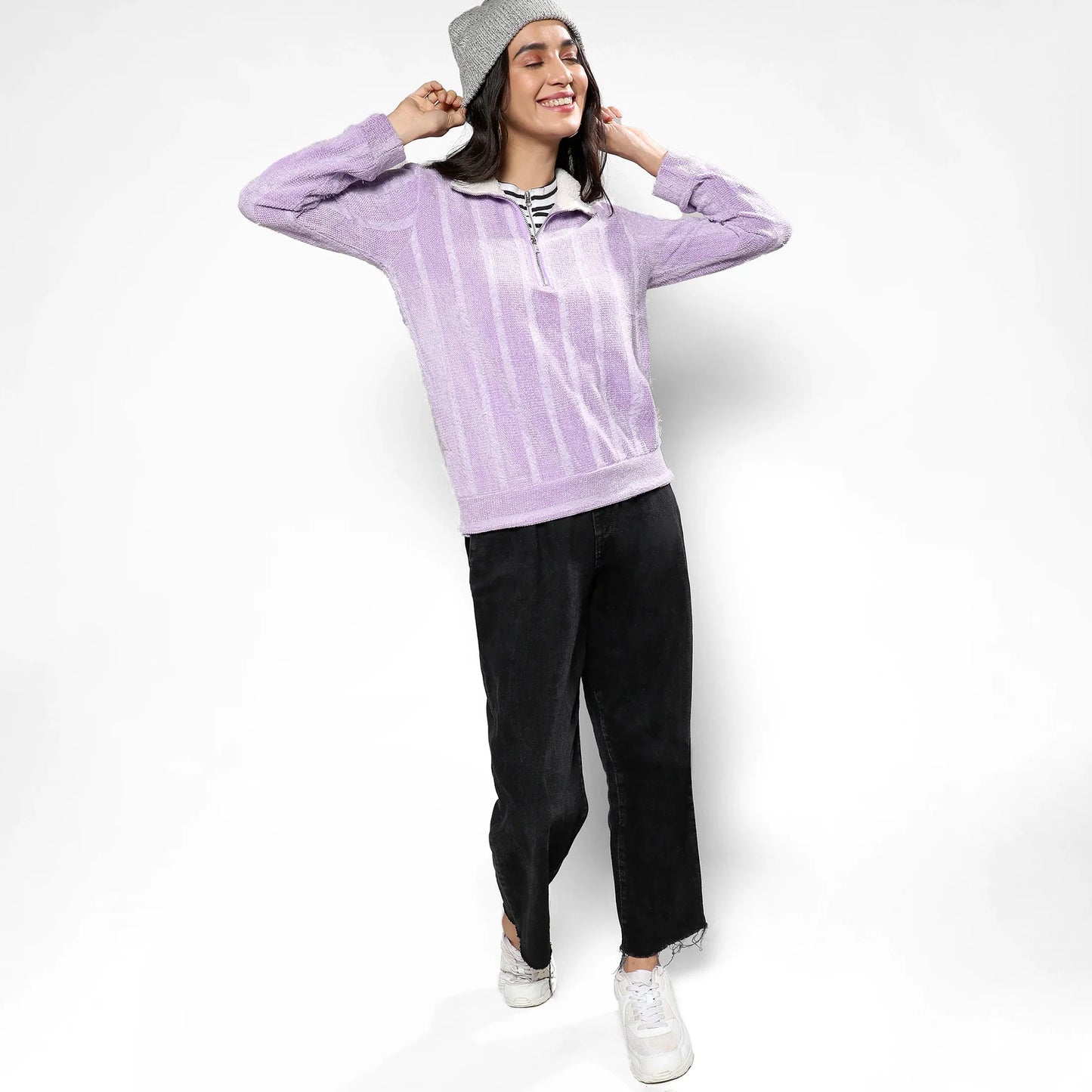 Lilac Textured Self-Design Striped Sweatshirt