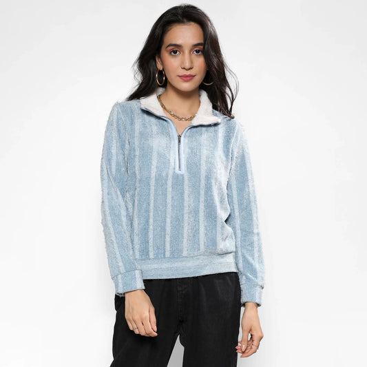 Iceberg Blue Textured Self-Design Striped Sweatshirt