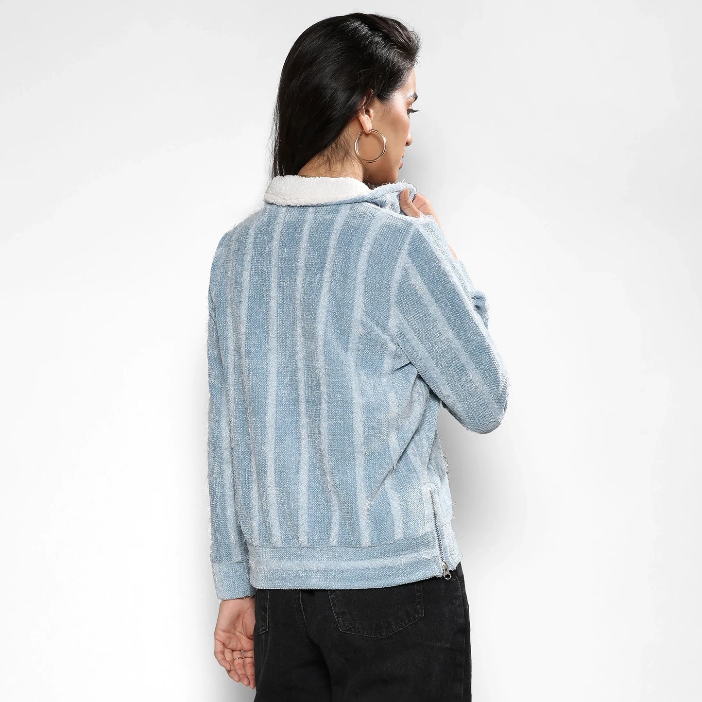 Iceberg Blue Textured Self-Design Striped Sweatshirt