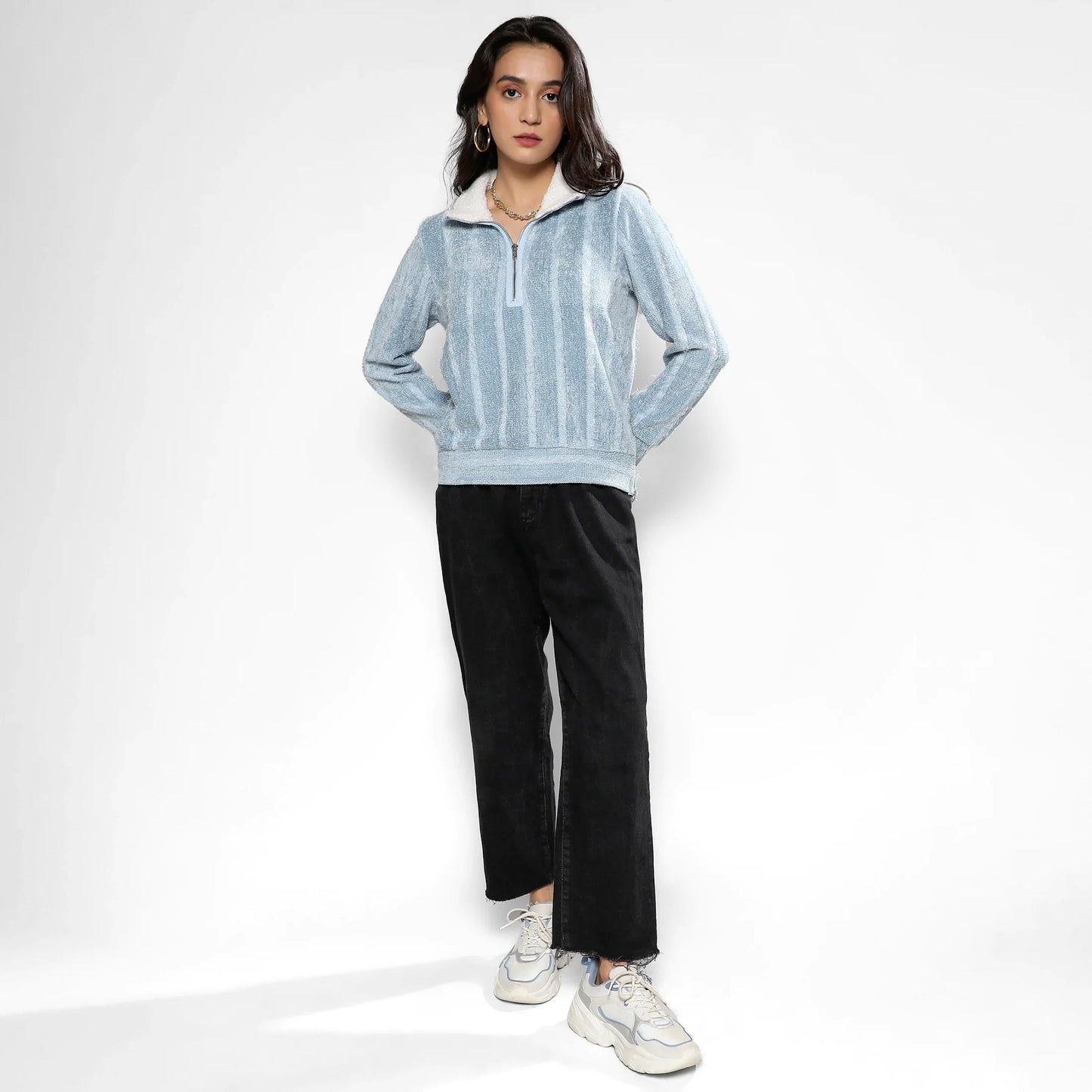 Iceberg Blue Textured Self-Design Striped Sweatshirt