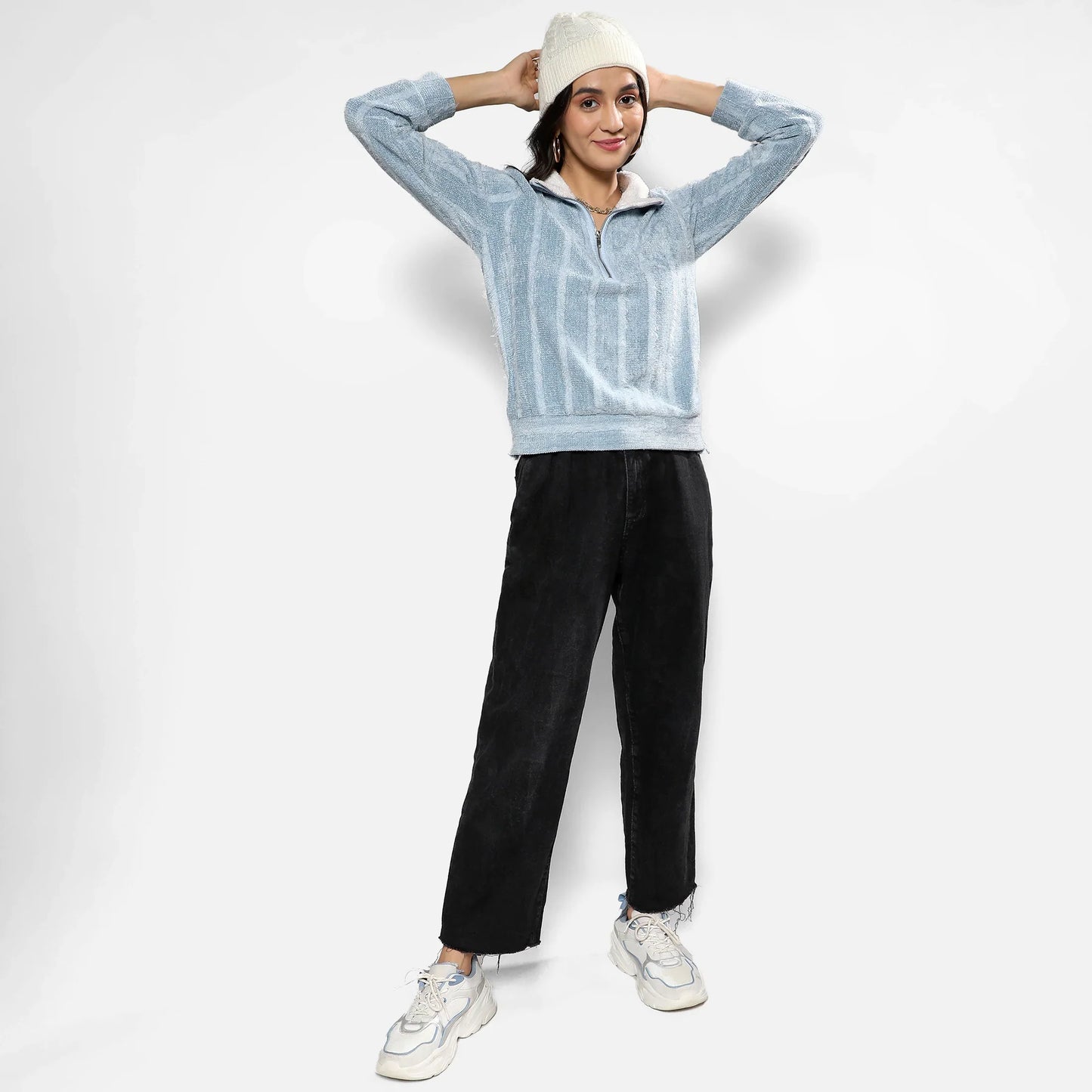 Iceberg Blue Textured Self-Design Striped Sweatshirt