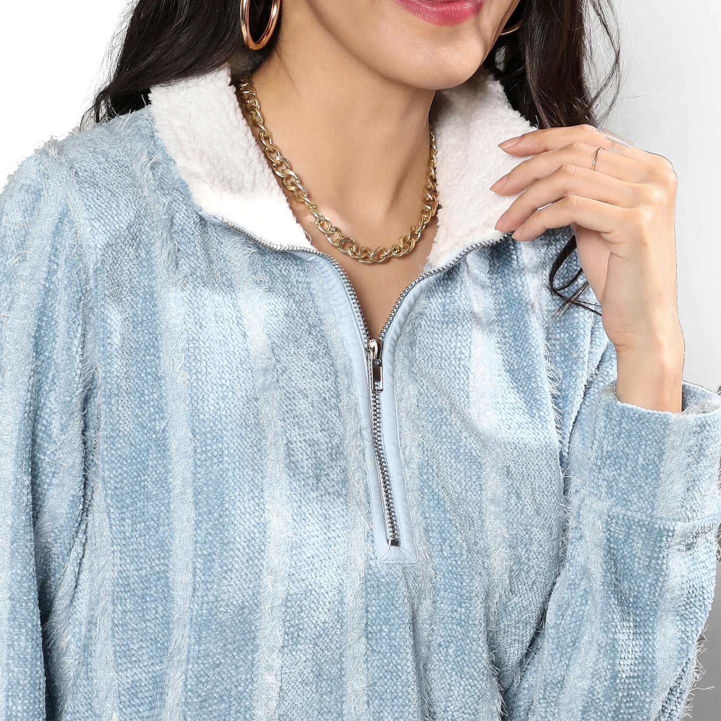 Iceberg Blue Textured Self-Design Striped Sweatshirt