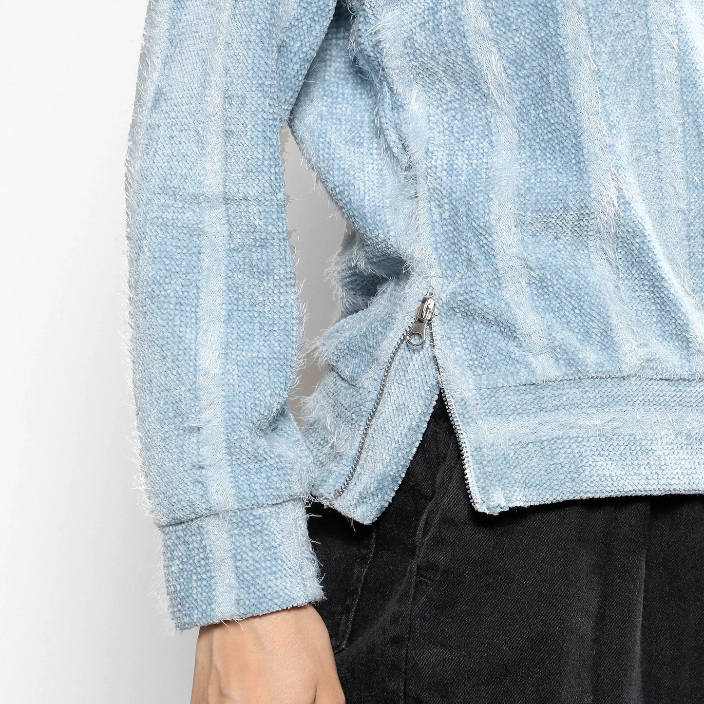 Iceberg Blue Textured Self-Design Striped Sweatshirt