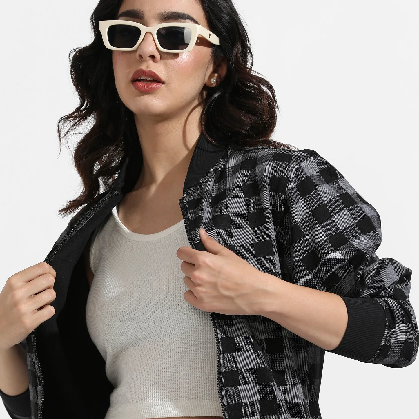 Black Zip-Front Checkered Jacket With Ribbed Hem