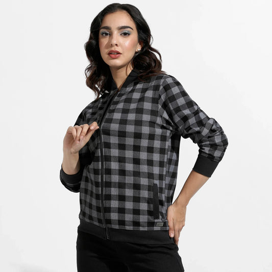 Black Zip-Front Checkered Jacket With Ribbed Hem