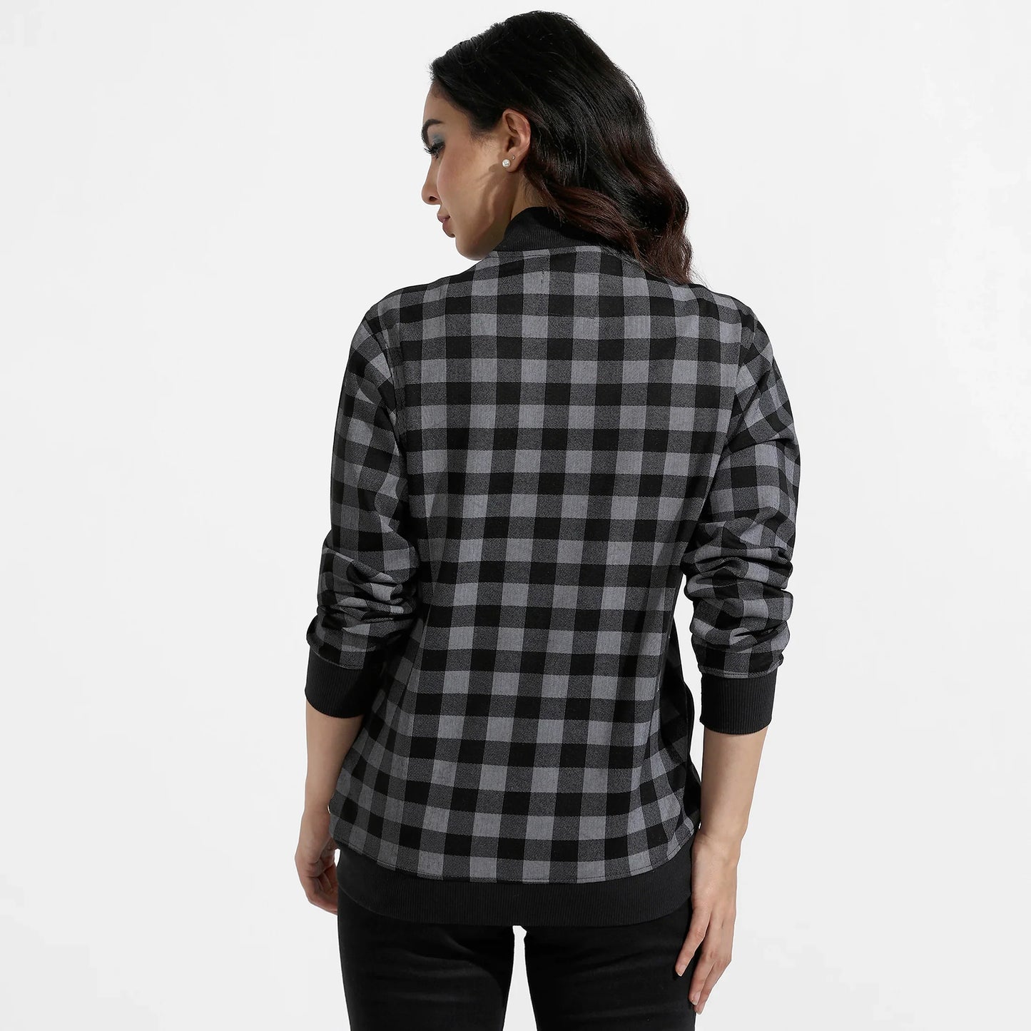 Black Zip-Front Checkered Jacket With Ribbed Hem