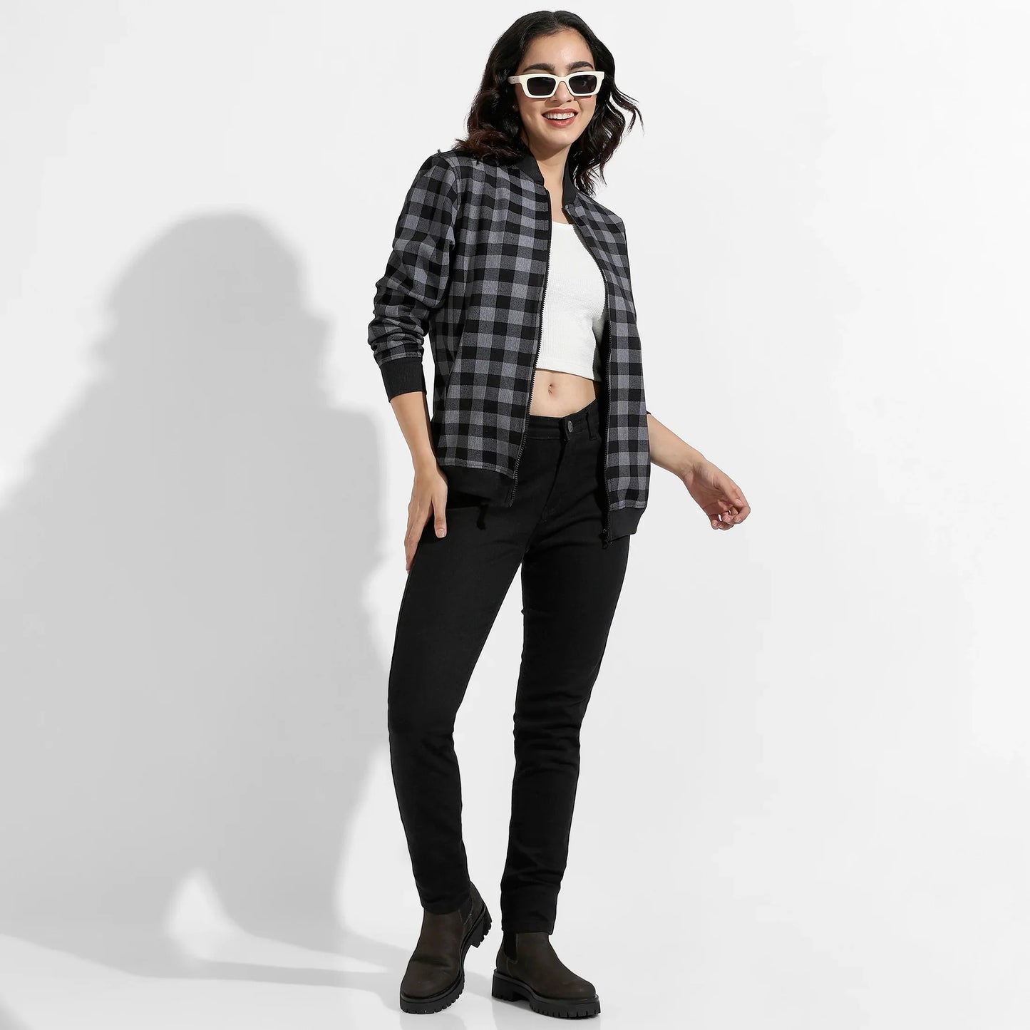 Black Zip-Front Checkered Jacket With Ribbed Hem
