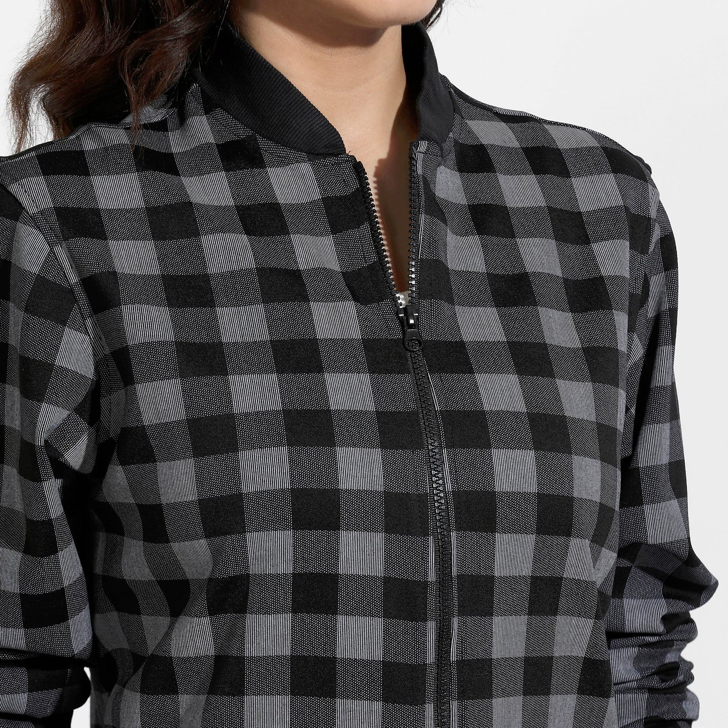 Black Zip-Front Checkered Jacket With Ribbed Hem