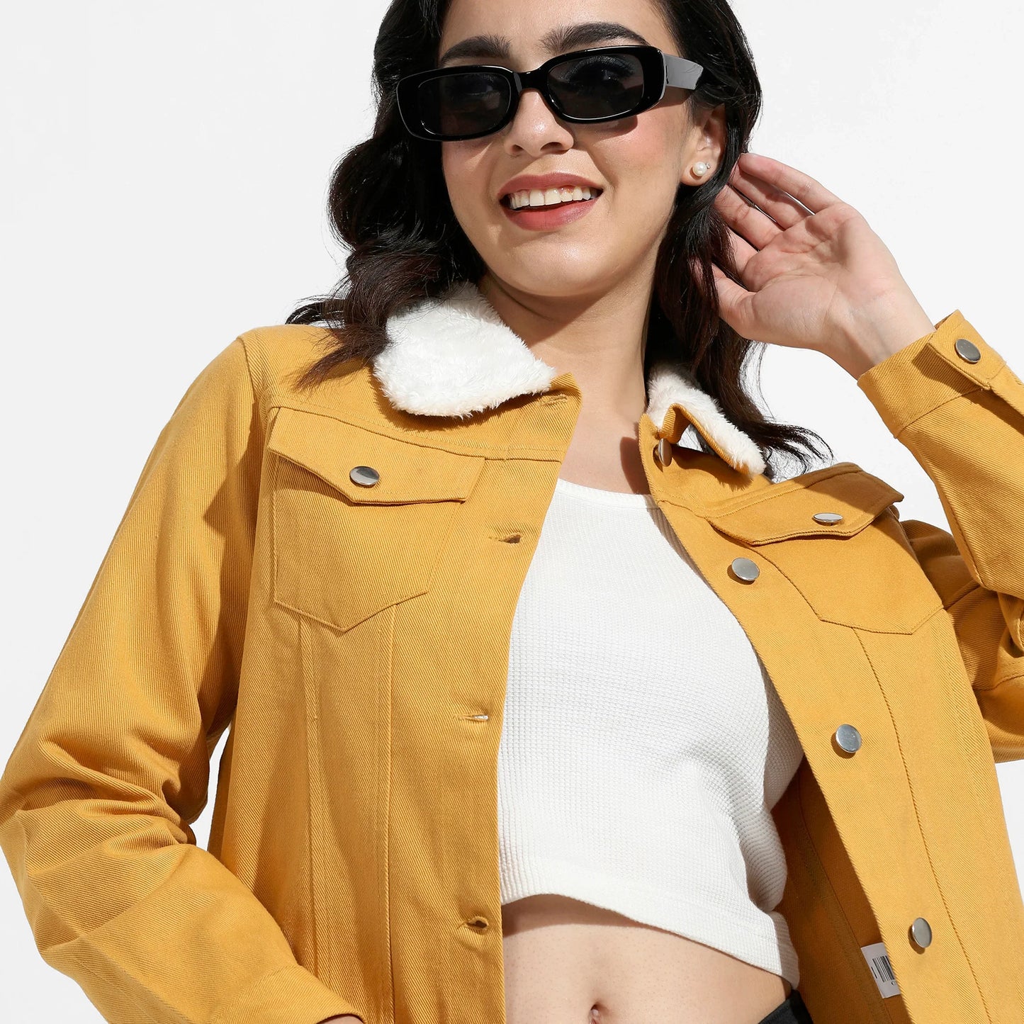 Yellow Front-Button Jacket With Fur Details