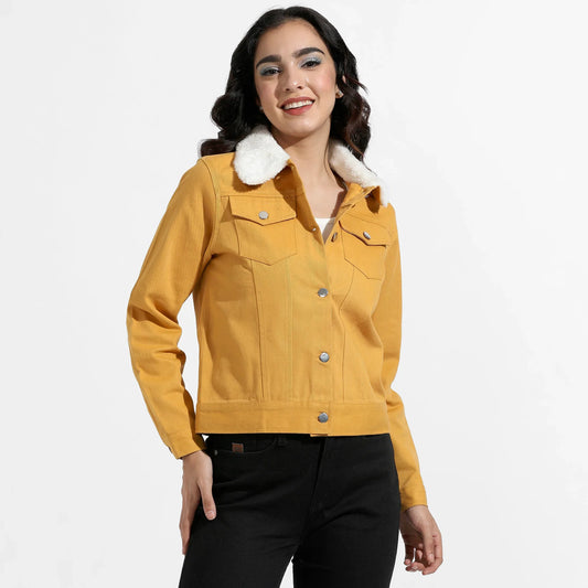 Yellow Front-Button Jacket With Fur Details