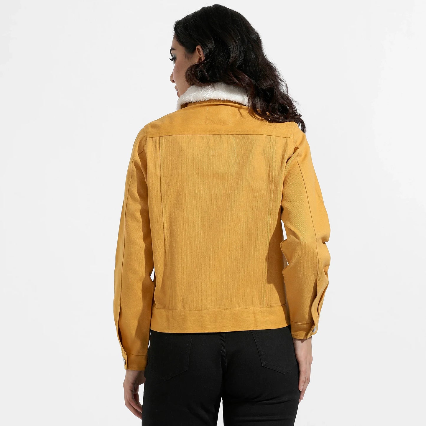 Yellow Front-Button Jacket With Fur Details