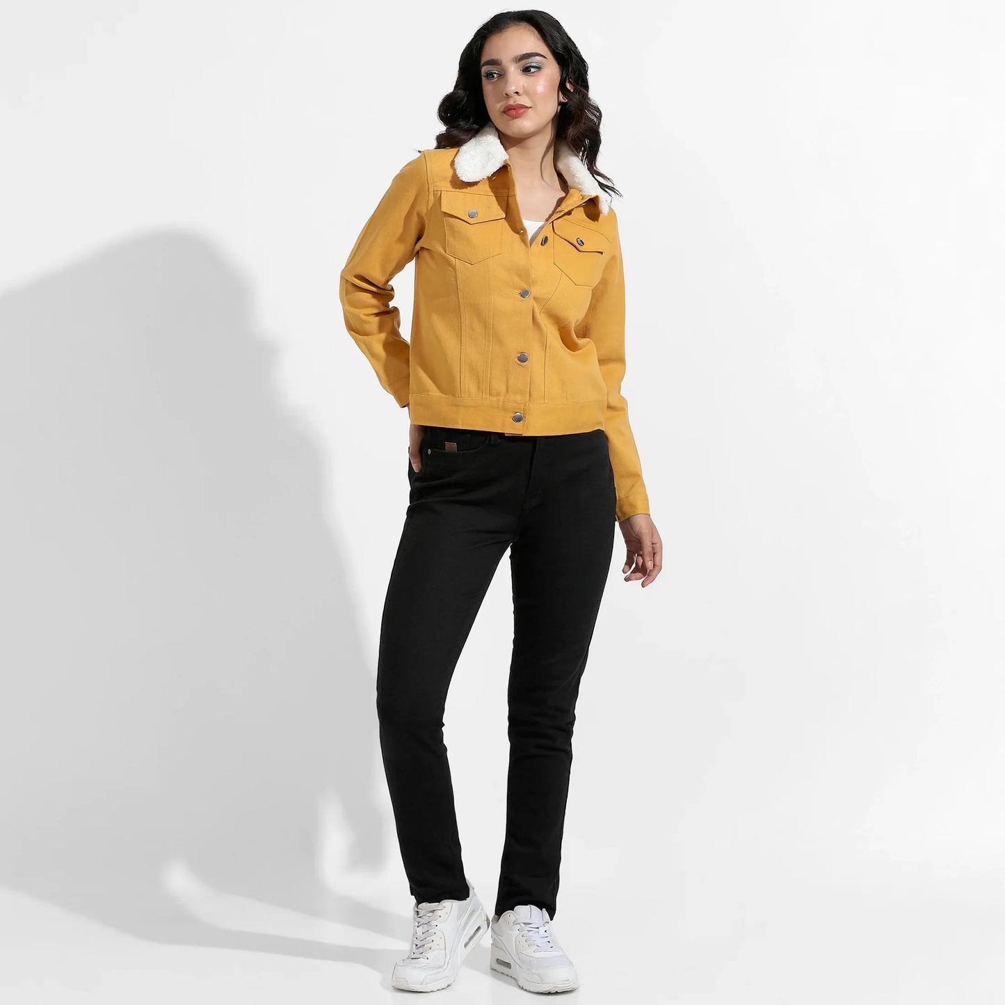 Yellow Front-Button Jacket With Fur Details