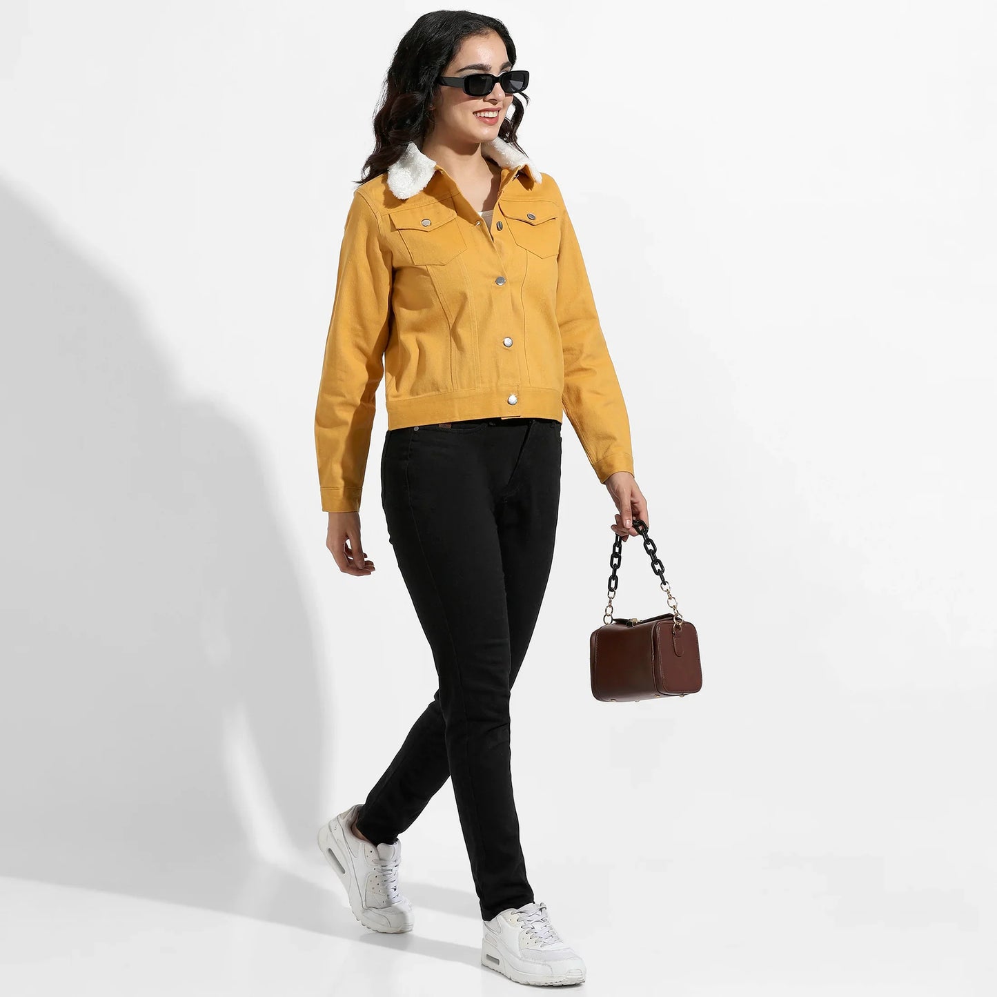 Yellow Front-Button Jacket With Fur Details