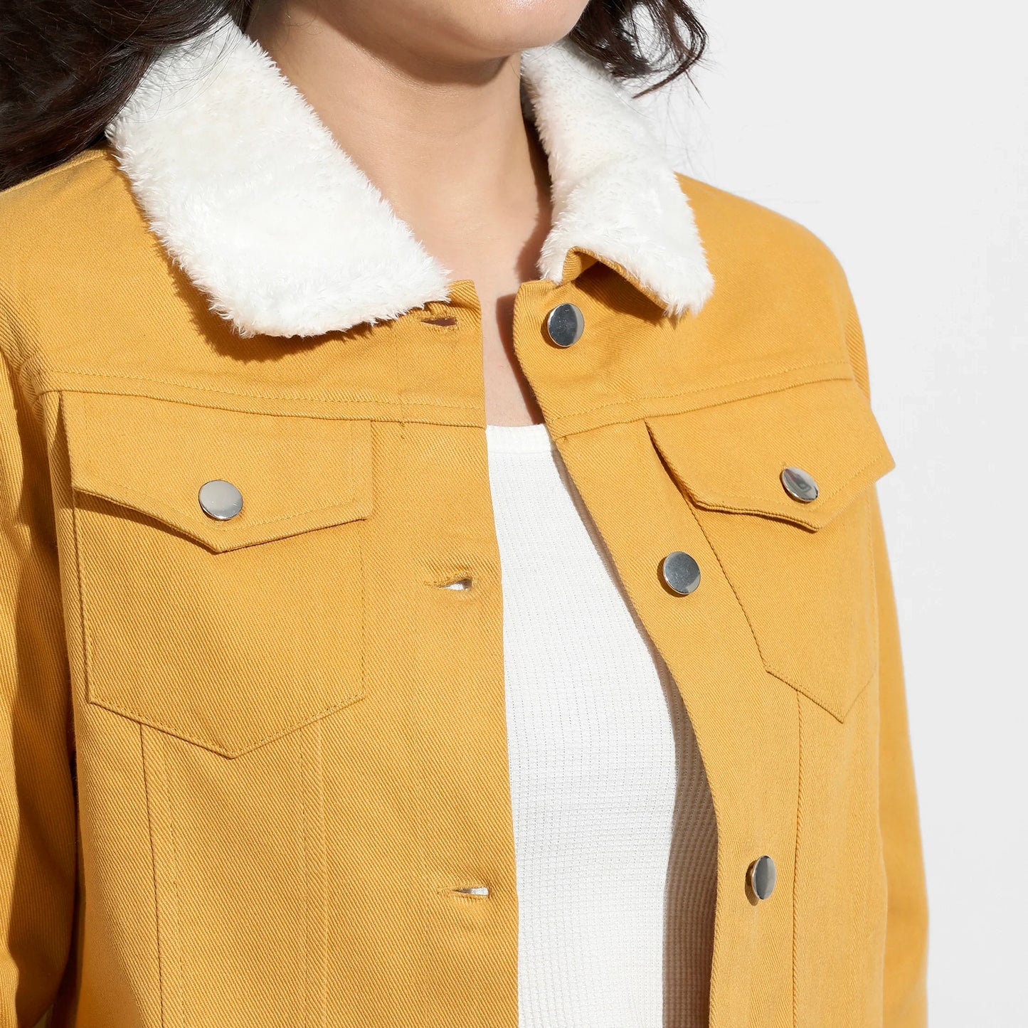 Yellow Front-Button Jacket With Fur Details