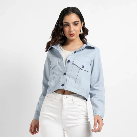 Light Blue Front-Button Jacket With Flap Pockets