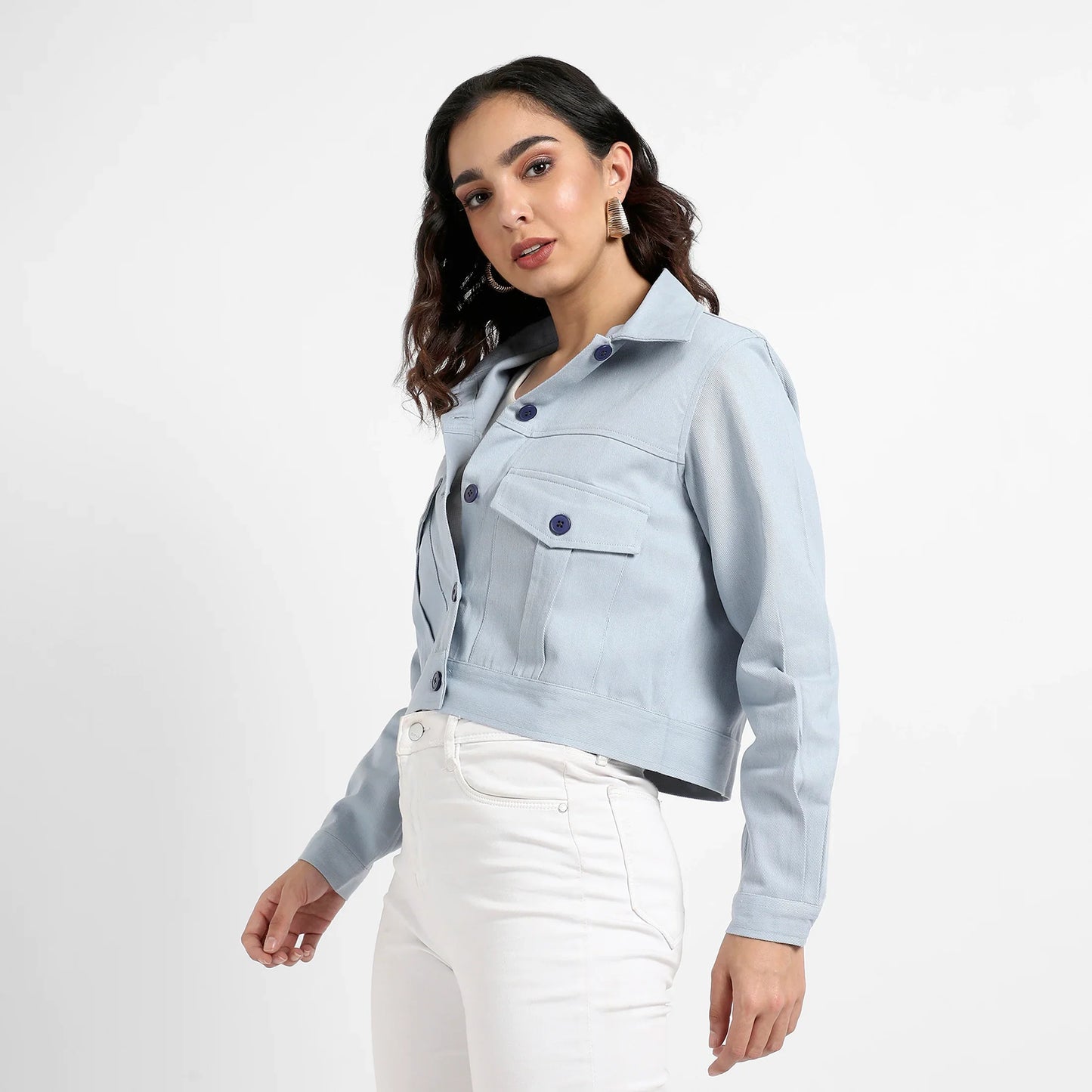 Light Blue Front-Button Jacket With Flap Pockets