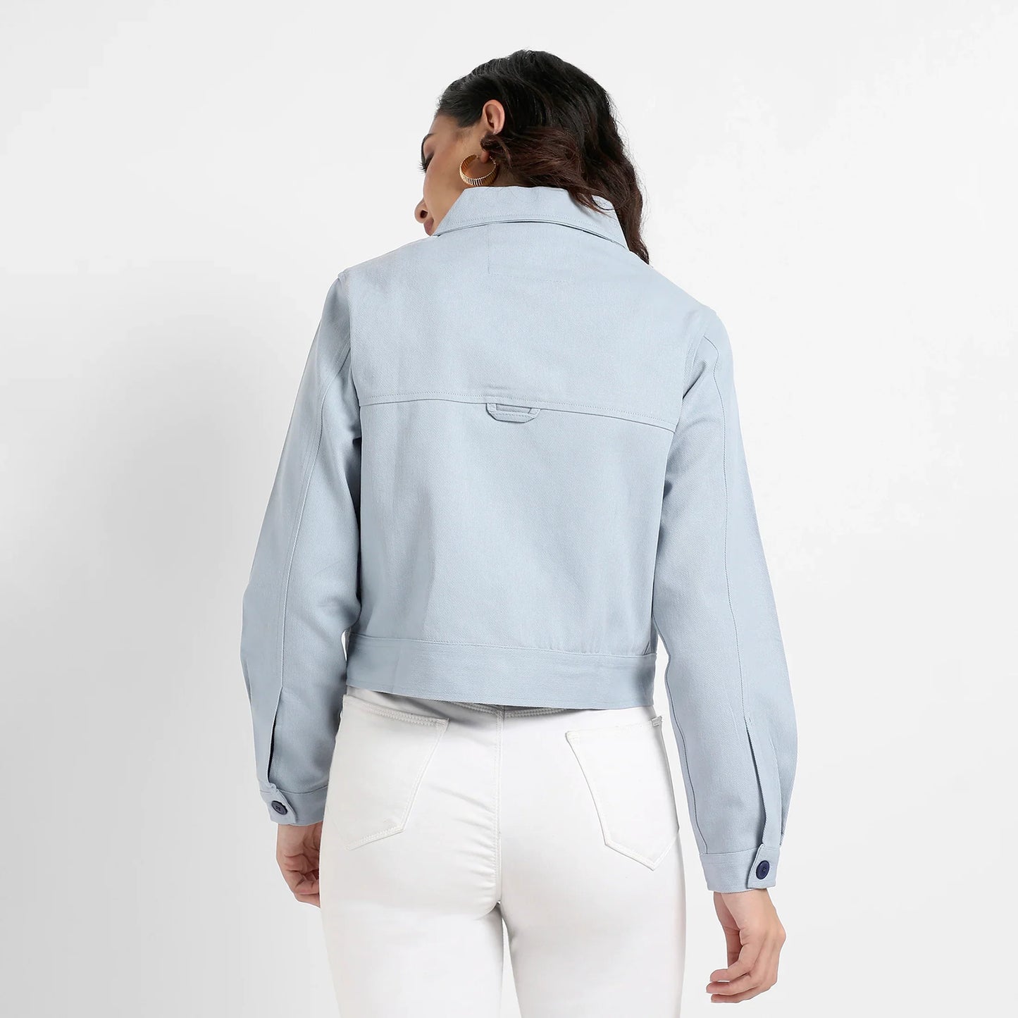 Light Blue Front-Button Jacket With Flap Pockets