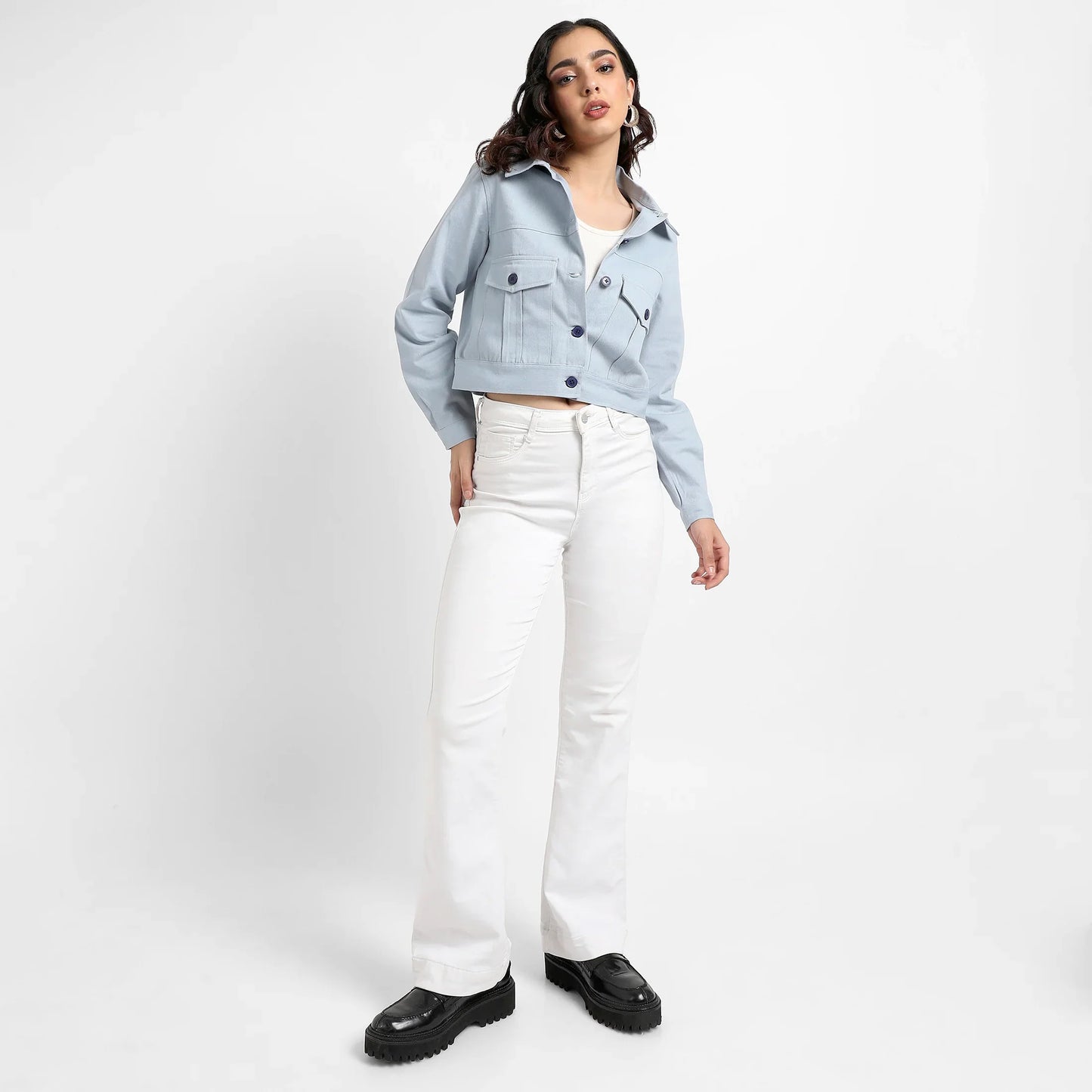 Light Blue Front-Button Jacket With Flap Pockets
