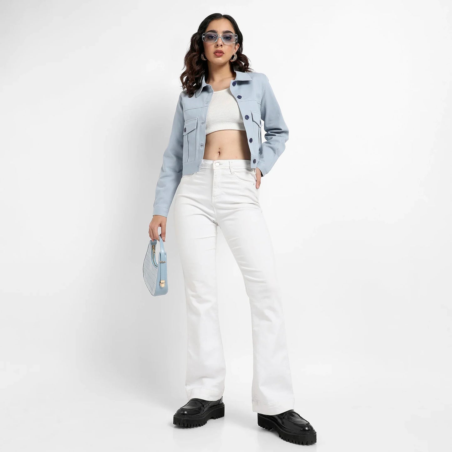 Light Blue Front-Button Jacket With Flap Pockets