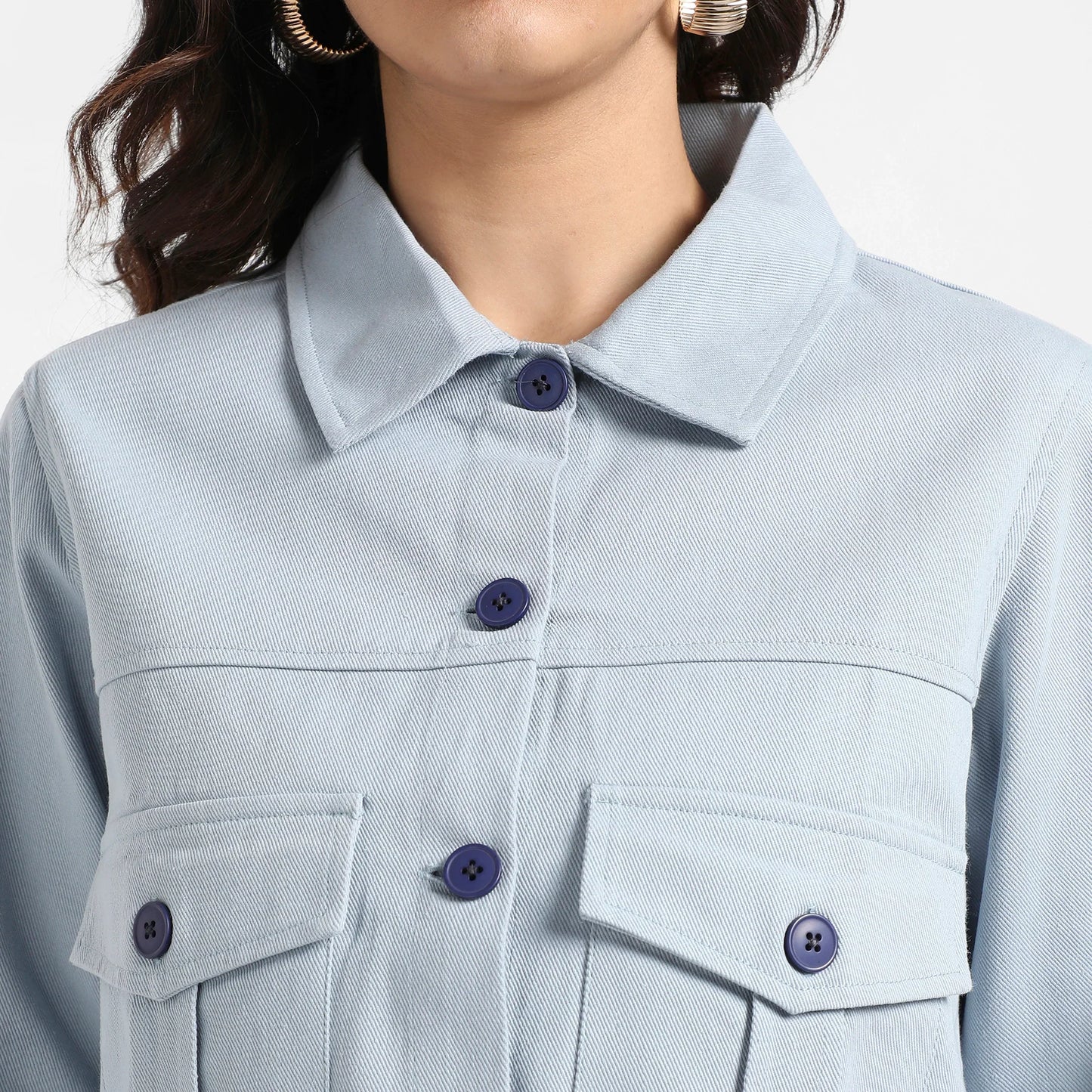 Light Blue Front-Button Jacket With Flap Pockets