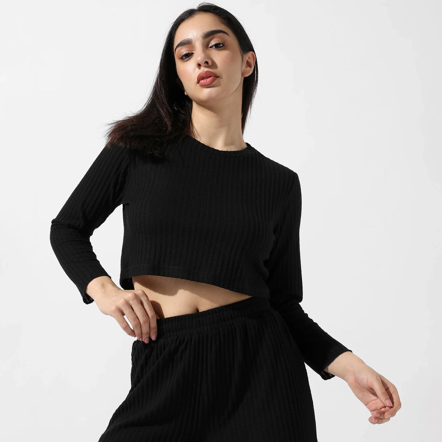 Solid Black Ribbed Co-Ord Set