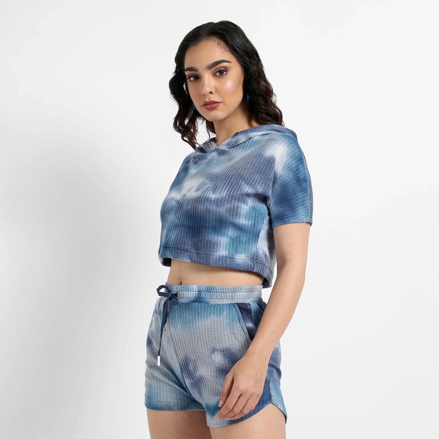 Navy Blue Waffle-Textured Cropped Co-Ord Set
