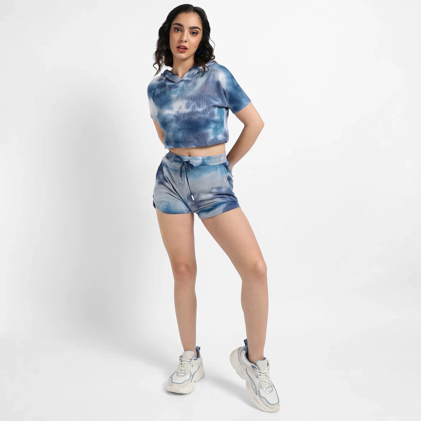 Navy Blue Waffle-Textured Cropped Co-Ord Set