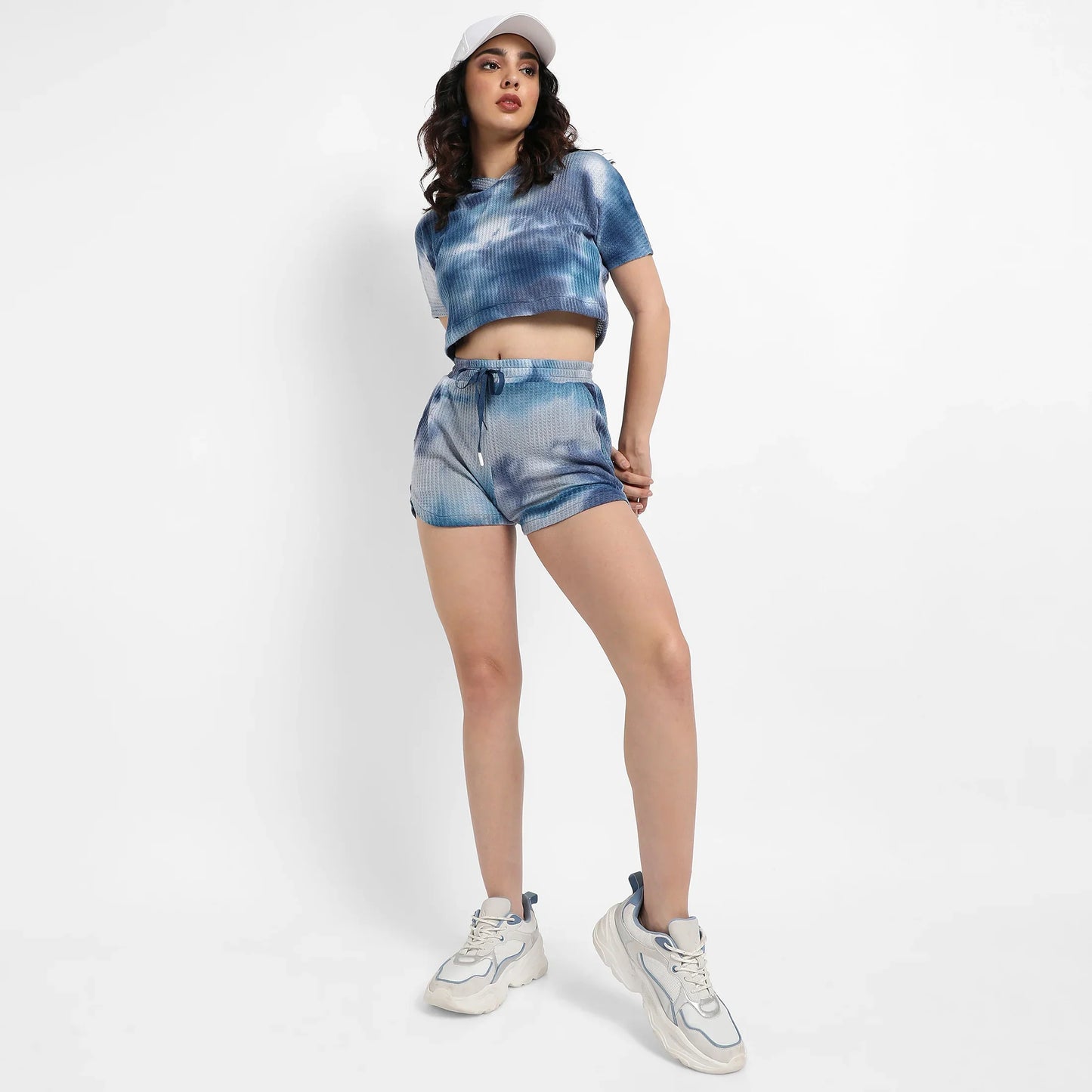 Navy Blue Waffle-Textured Cropped Co-Ord Set