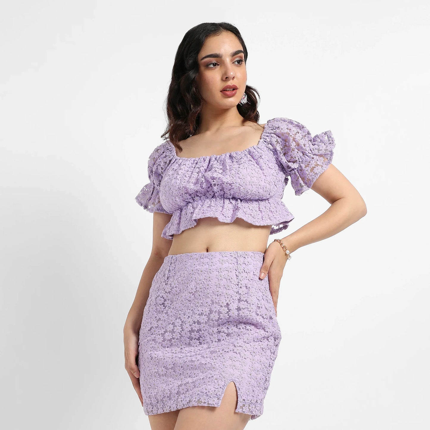 Lavender Cropped Self-Design Co-Ord Set