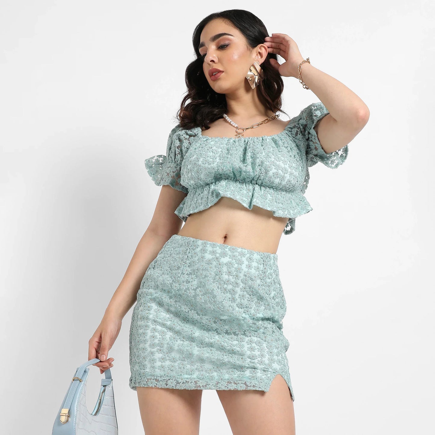Sage Green Cropped Self-Design Co-Ord Set