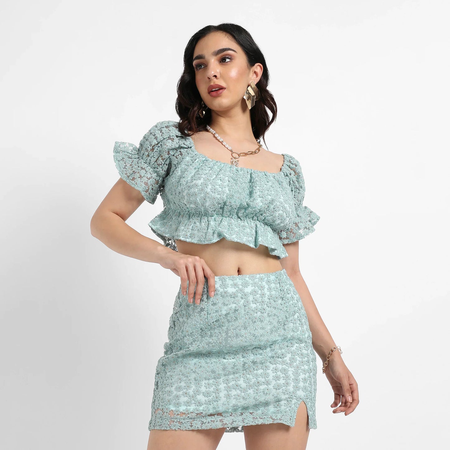Sage Green Cropped Self-Design Co-Ord Set
