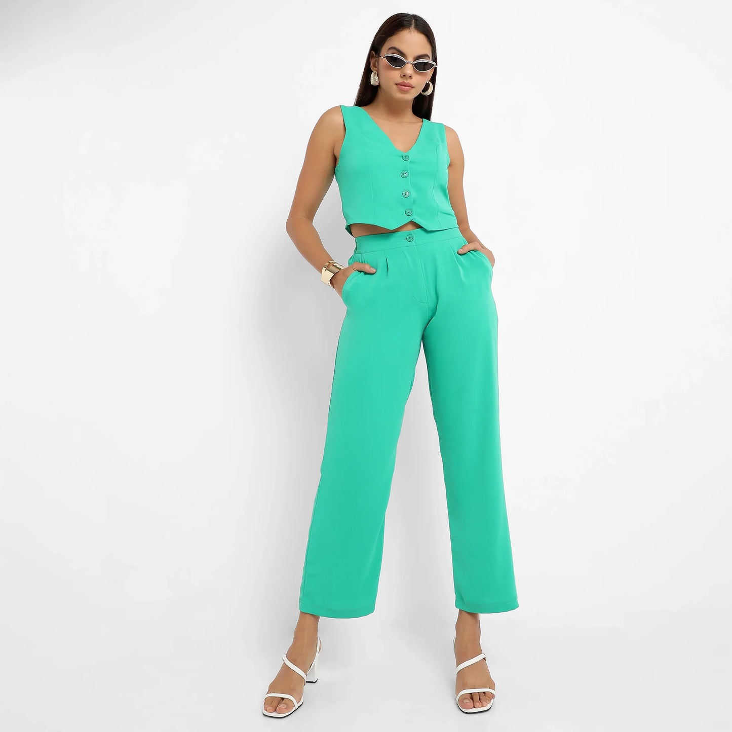 Women's Aqua Green Chic Vest Co-Ord Set