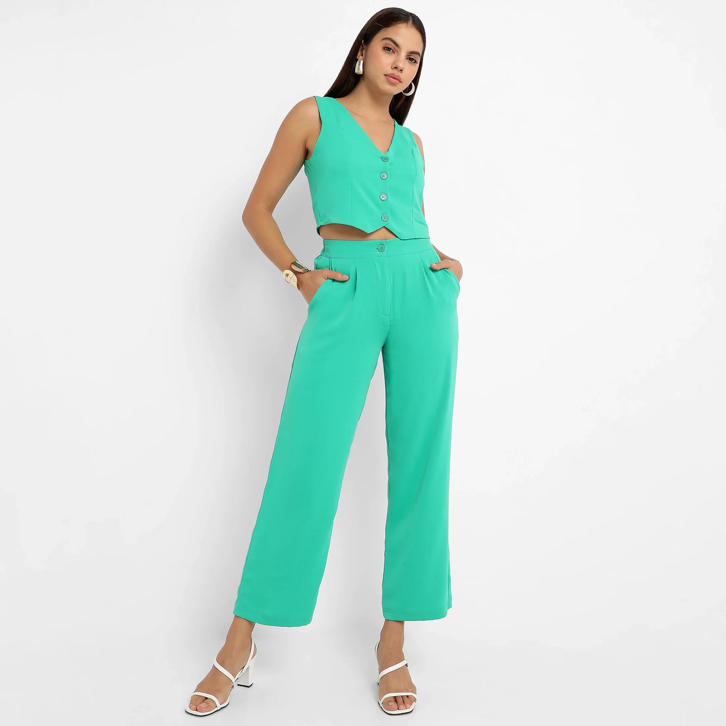 Women's Aqua Green Chic Vest Co-Ord Set