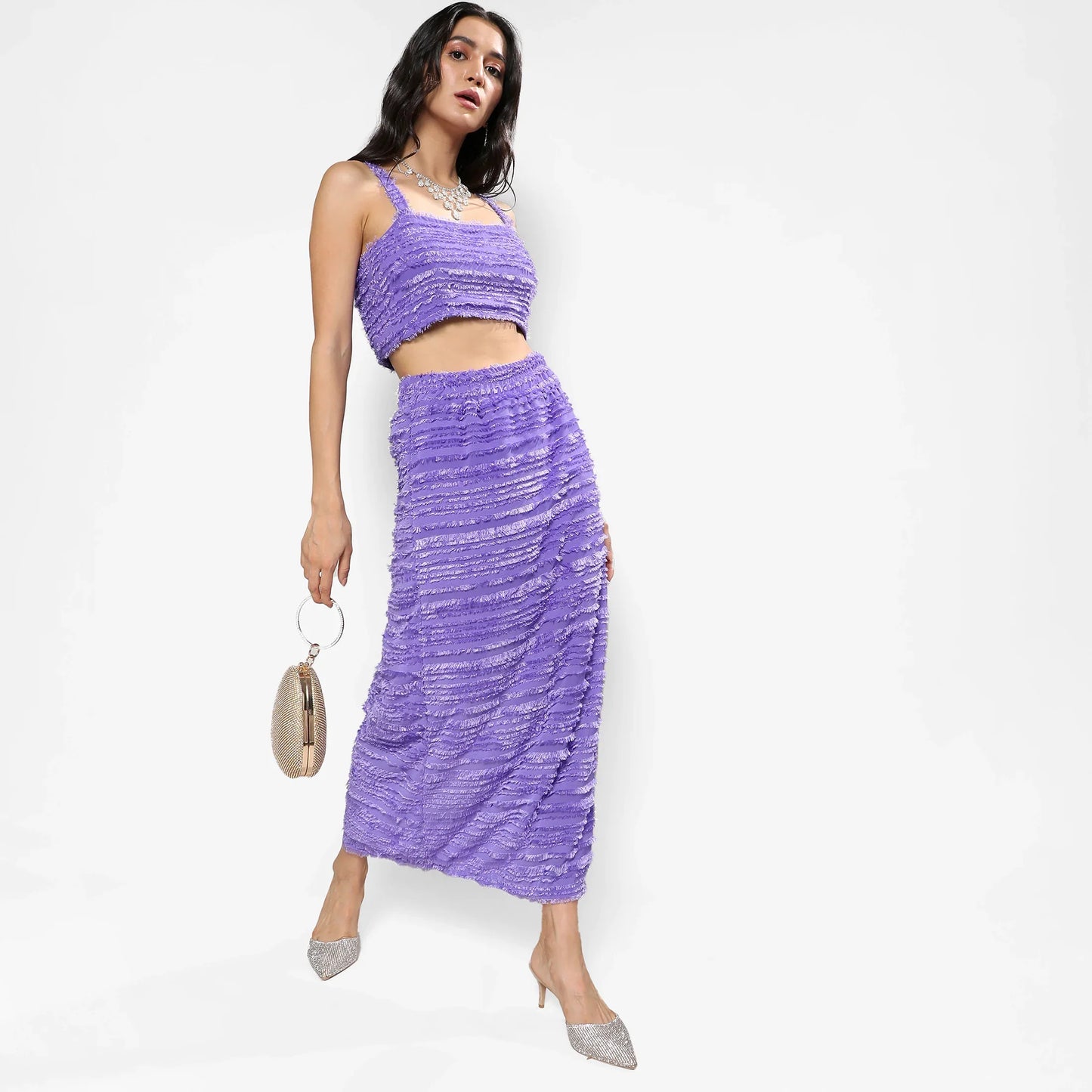 Amethyst Purple Self-Design Fringe Co-Ord Set