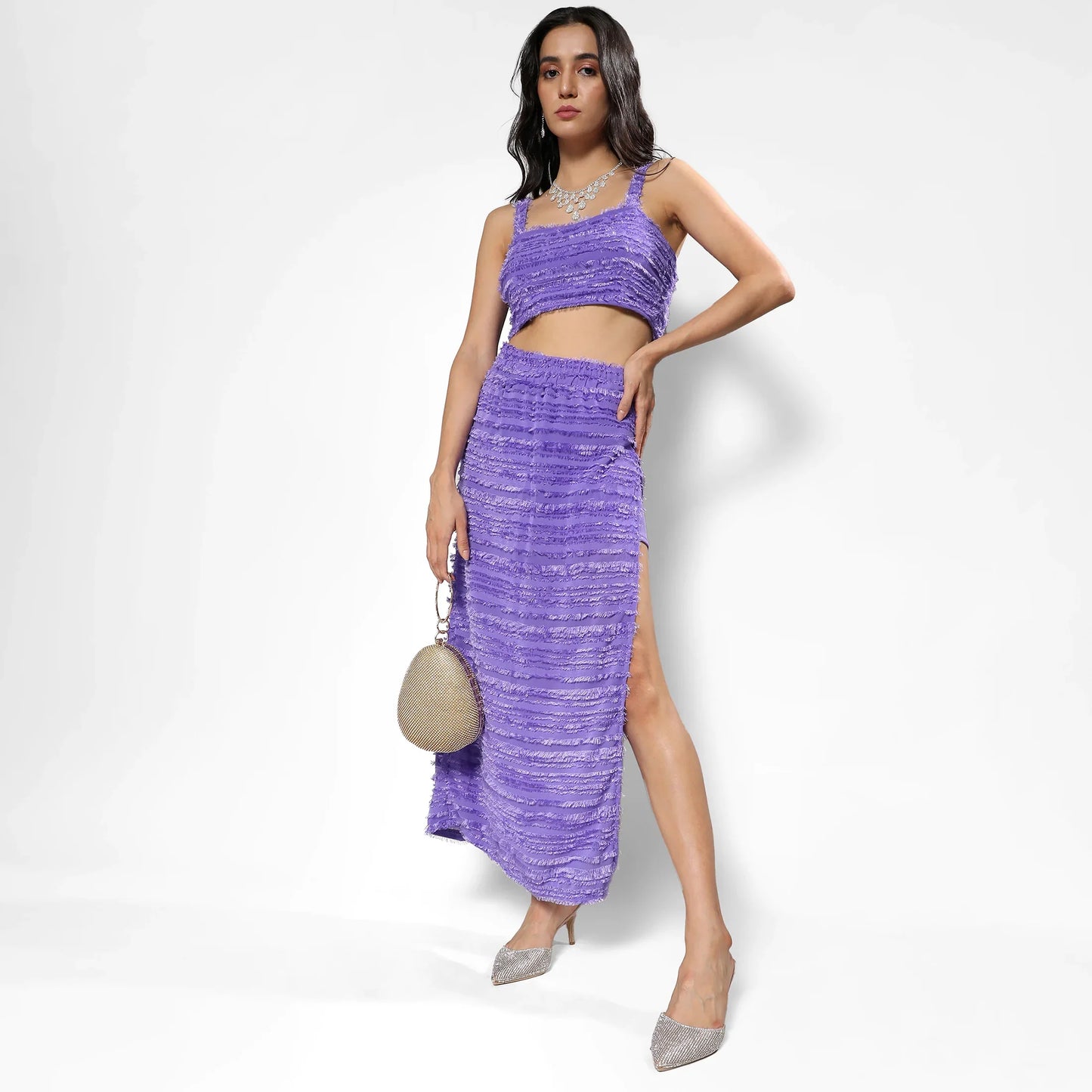 Amethyst Purple Self-Design Fringe Co-Ord Set