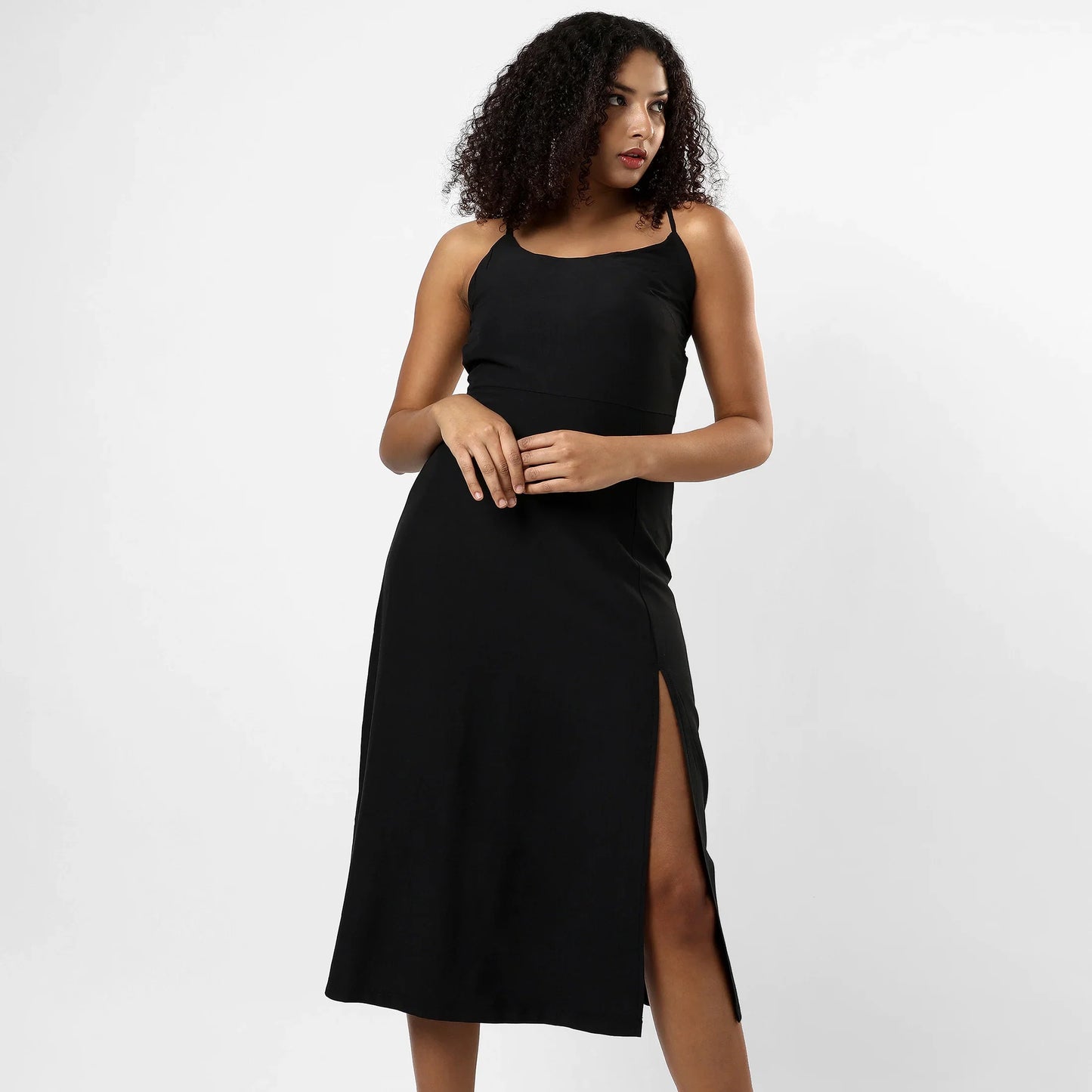 Solid Black Slit Dress