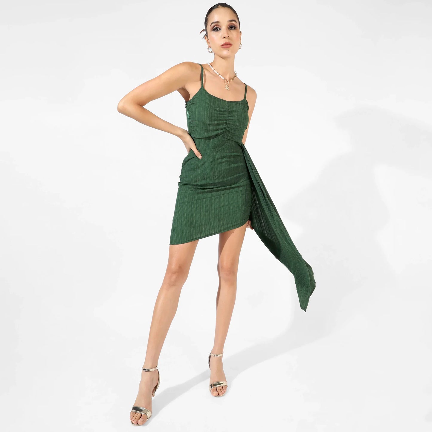 Solid Forest Green Ruched Mini Dress With Trail