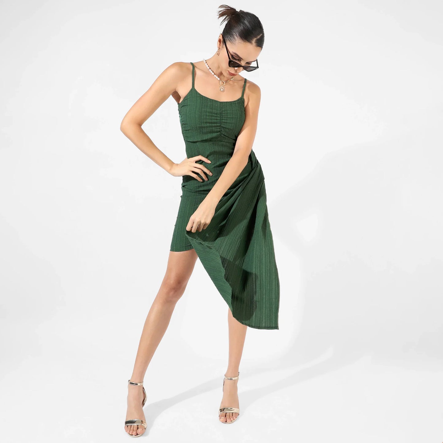 Solid Forest Green Ruched Mini Dress With Trail