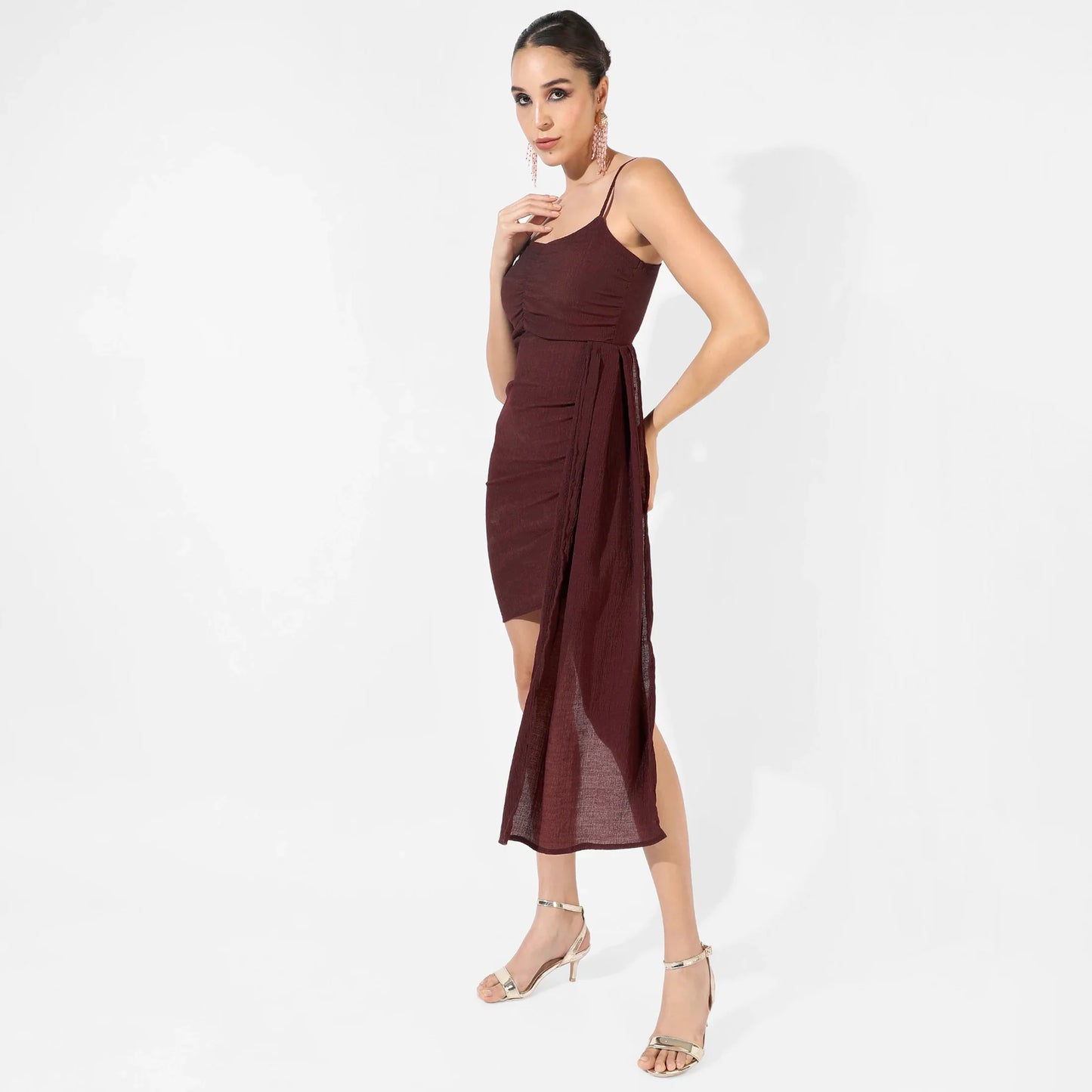 Solid Brown Ruched Mini Dress With Trail