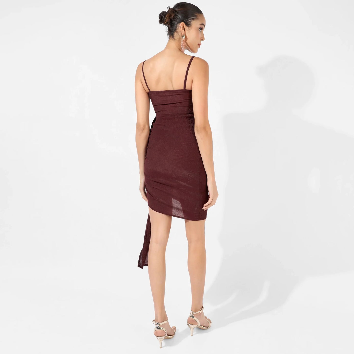 Solid Brown Ruched Mini Dress With Trail