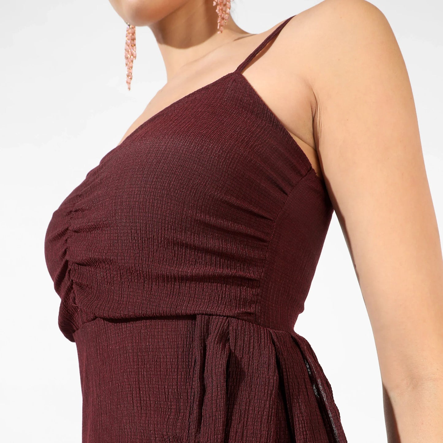 Solid Brown Ruched Mini Dress With Trail